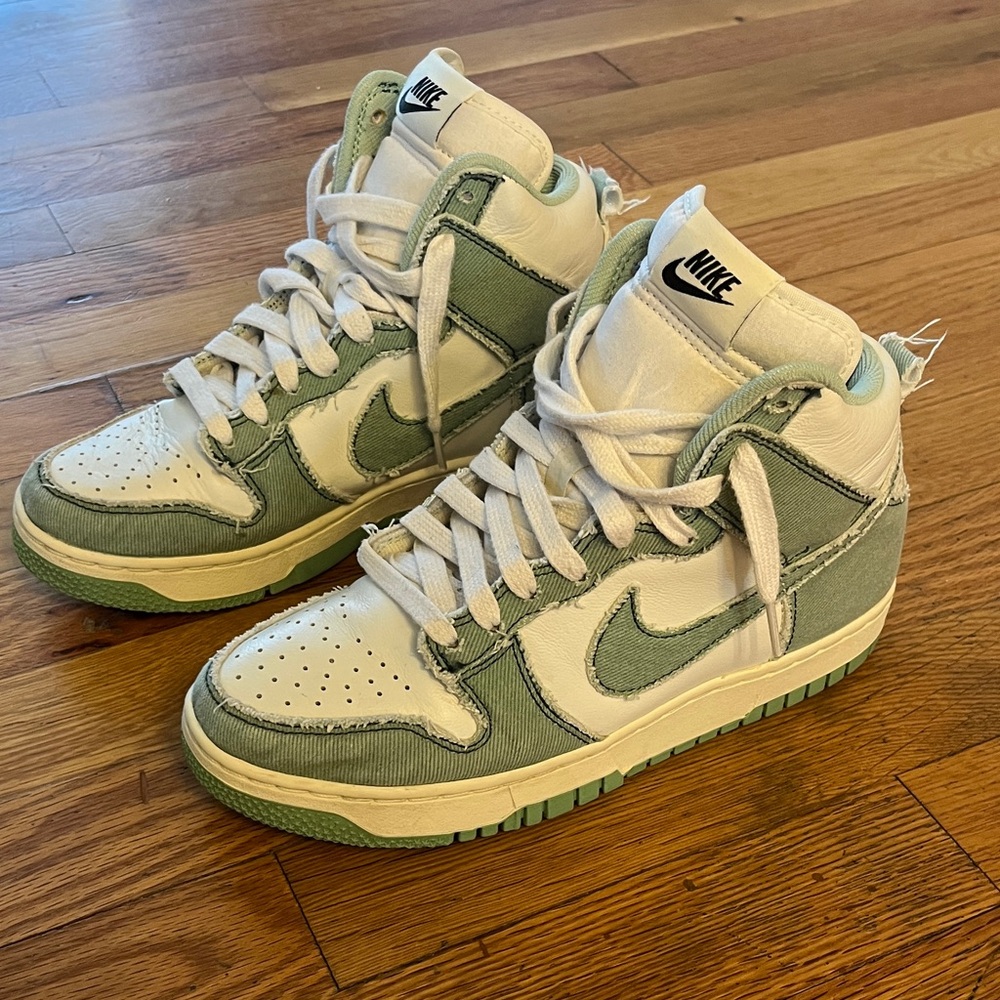 Nike Dunk High Sneakers in Mint and White- Distressed Denim and Leather Combo